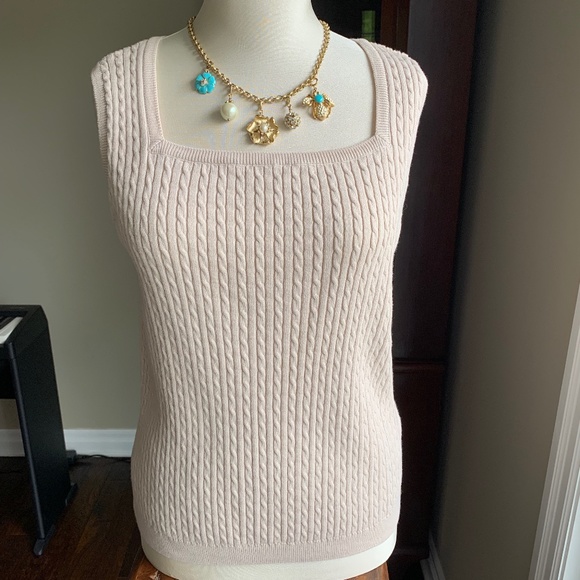 Pria Beige Cotton Square-Neck Cable Knit Tank Top - Picture 1 of 4